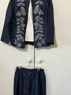 Chancelle Navy Three-Piece Skirt Set with Beaded Vine Detail